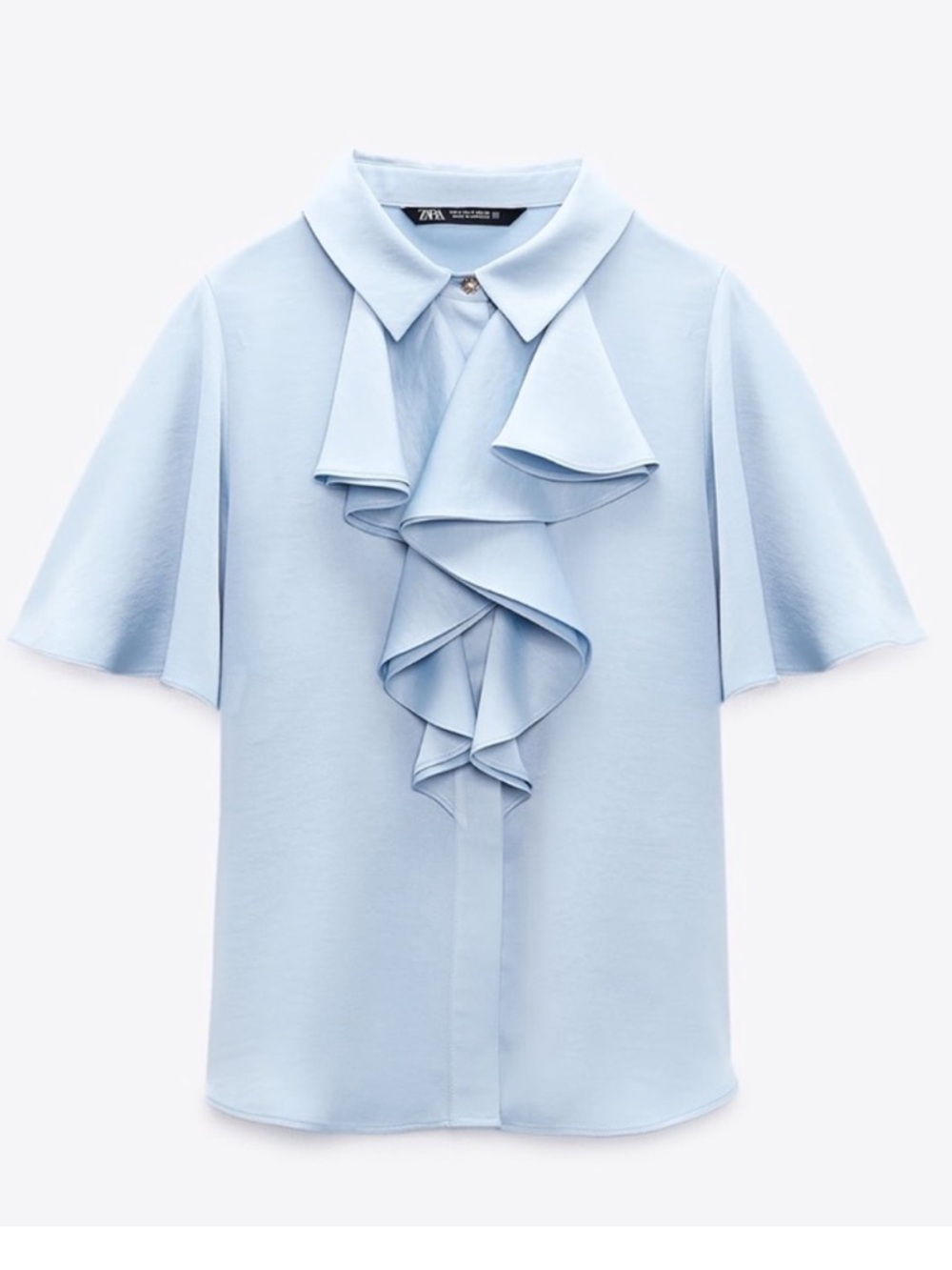 Zara Light Blue Ruffle-Front Short Sleeve Blouse